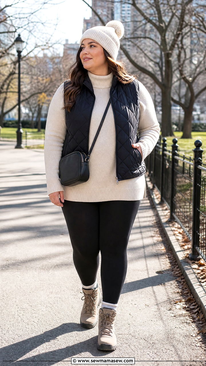 Mock Neck Sweater With Puffer Vest And Leggings - 20 plus size mock neck sweater outfit ideas