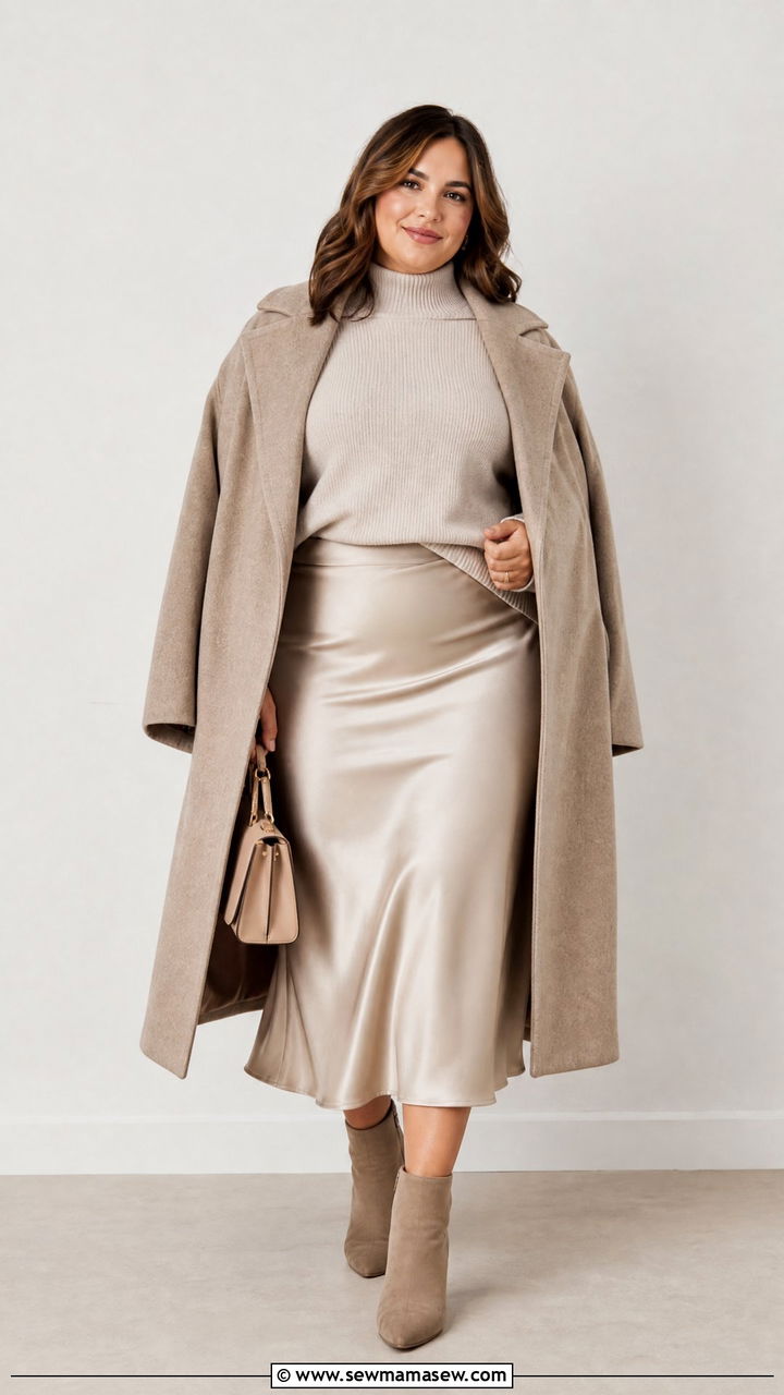 Mock Neck Sweater With Satin Skirt - 20 plus size mock neck sweater outfit ideas