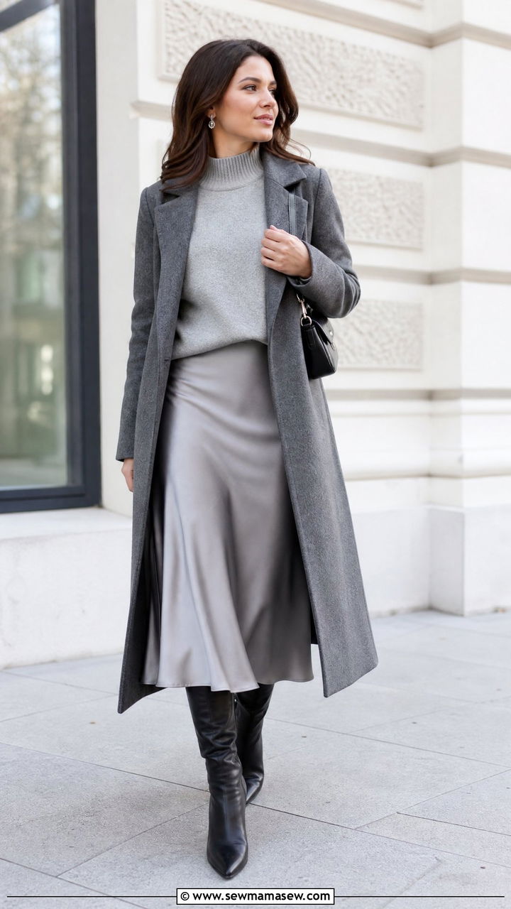 Mock Neck Sweater With Satin Skirt - 20 mock neck sweater outfit ideas