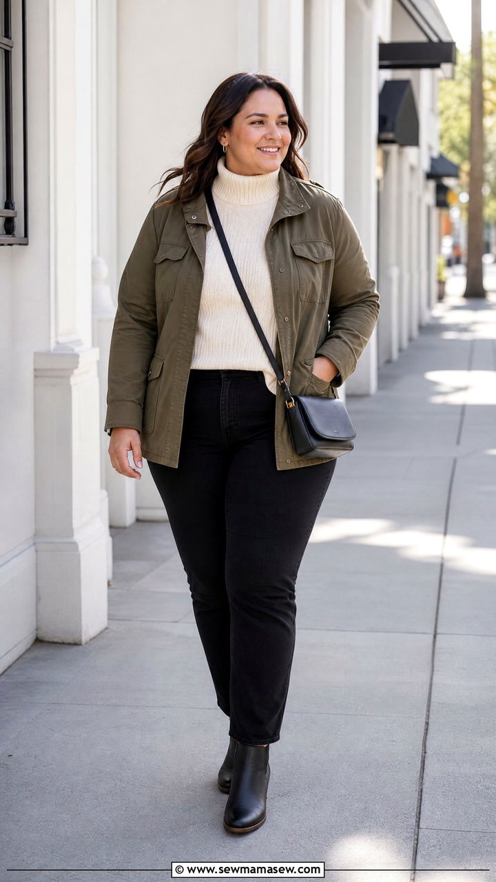 Mock Neck Sweater With Utility Jacket And Black Jeans - 20 plus size mock neck sweater outfit ideas