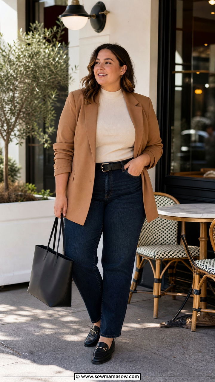 Mock Neck Top With Blazer And Jeans - 20 plus size mock neck top outfit ideas