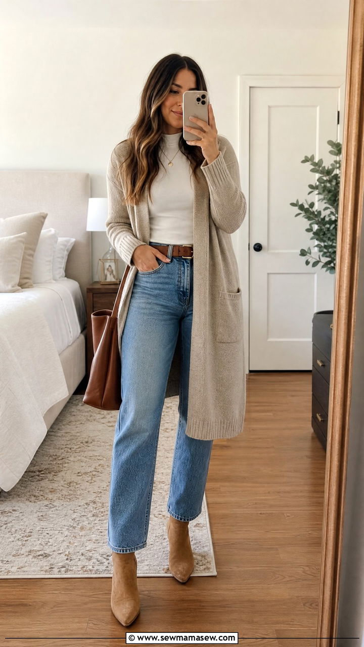 Mock Neck Top With Cardigan And Jeans - 20 mock neck top outfit ideas