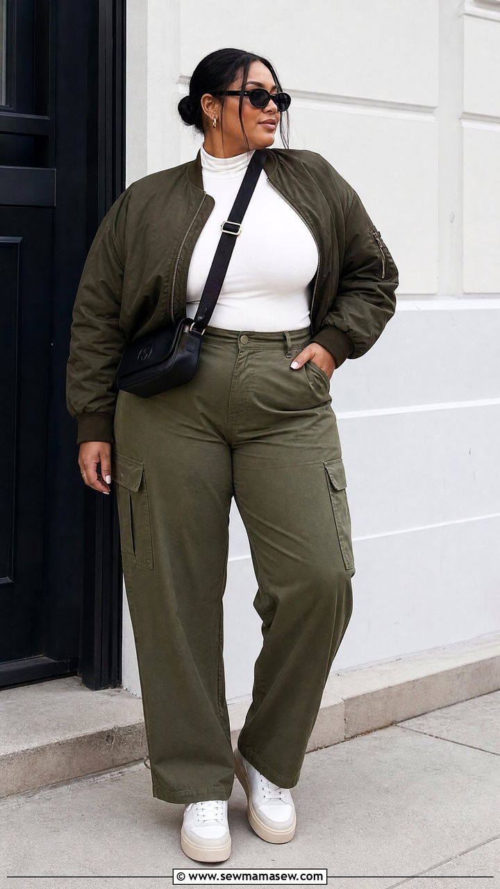 Mock Neck Top With Cargo Pants - 20 plus size mock neck top outfit ideas