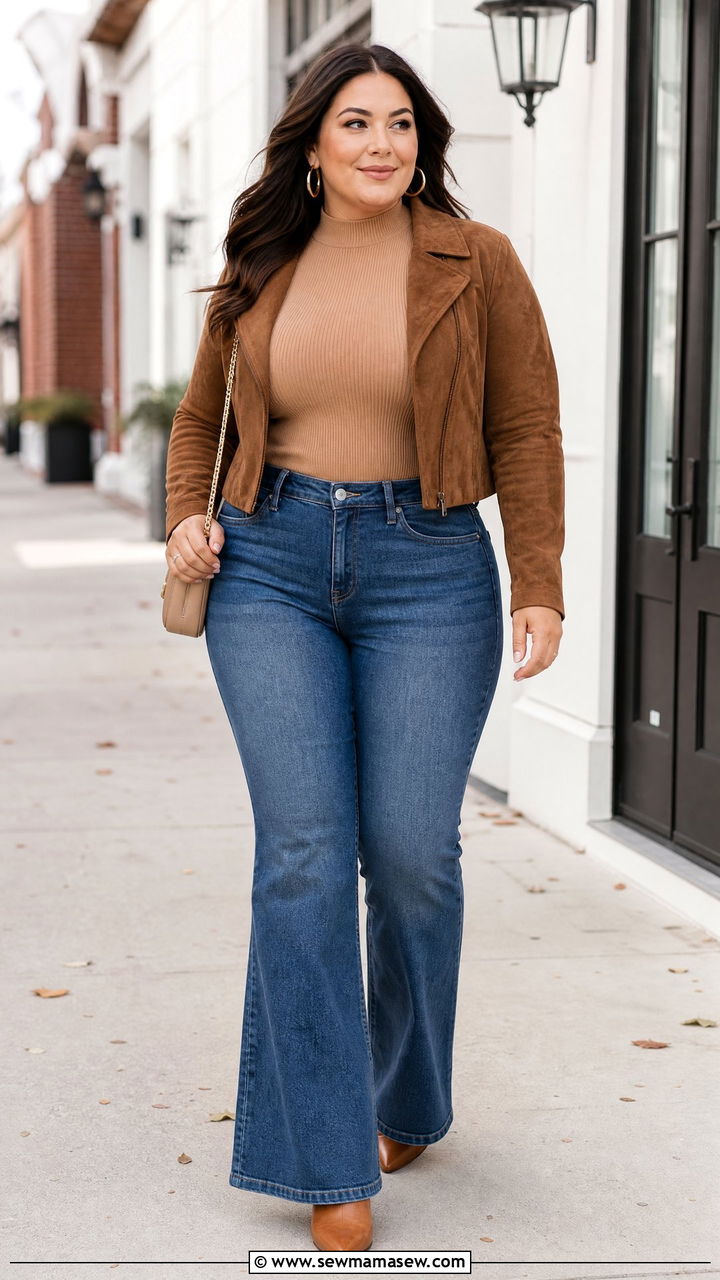 Mock Neck Top With Cropped Jacket And Jeans - 20 plus size mock neck top outfit ideas
