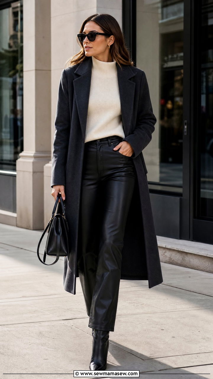 Mock Neck Top With Leather Pants - 20 mock neck top outfit ideas