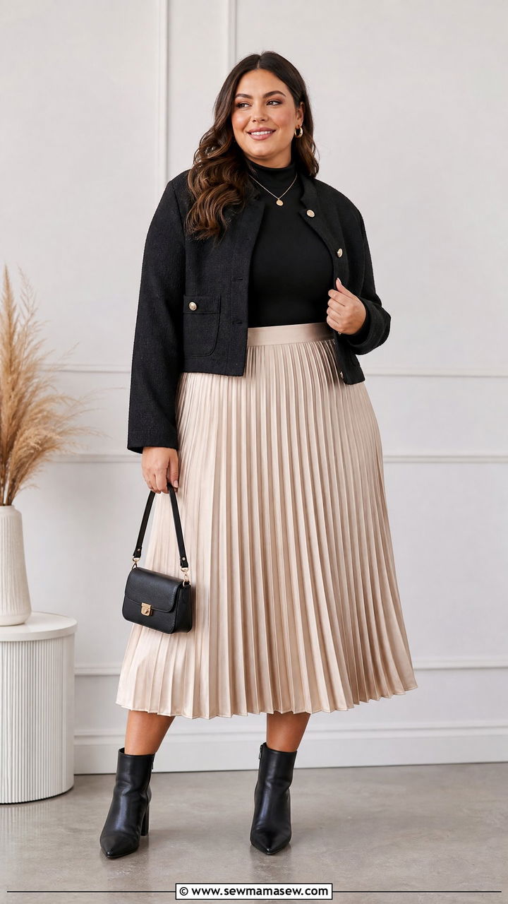 Mock Neck Top With Pleated Skirt - 20 plus size mock neck top outfit ideas