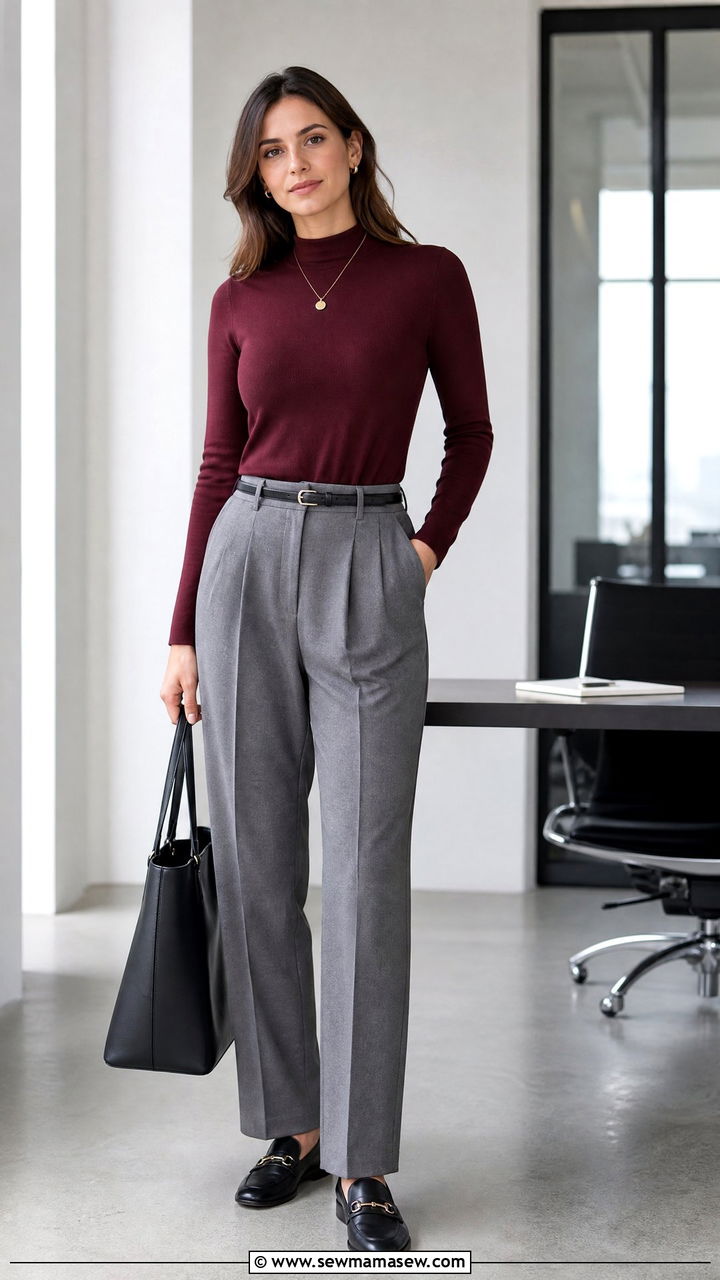 Mock Neck Top With Pleated Trousers - 20 mock neck top outfit ideas
