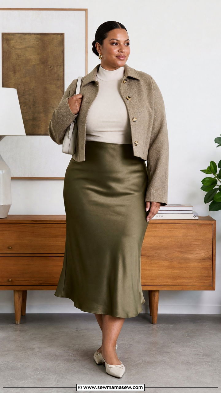 Mock Neck Top With Satin Midi Skirt - 20 plus size mock neck top outfit ideas