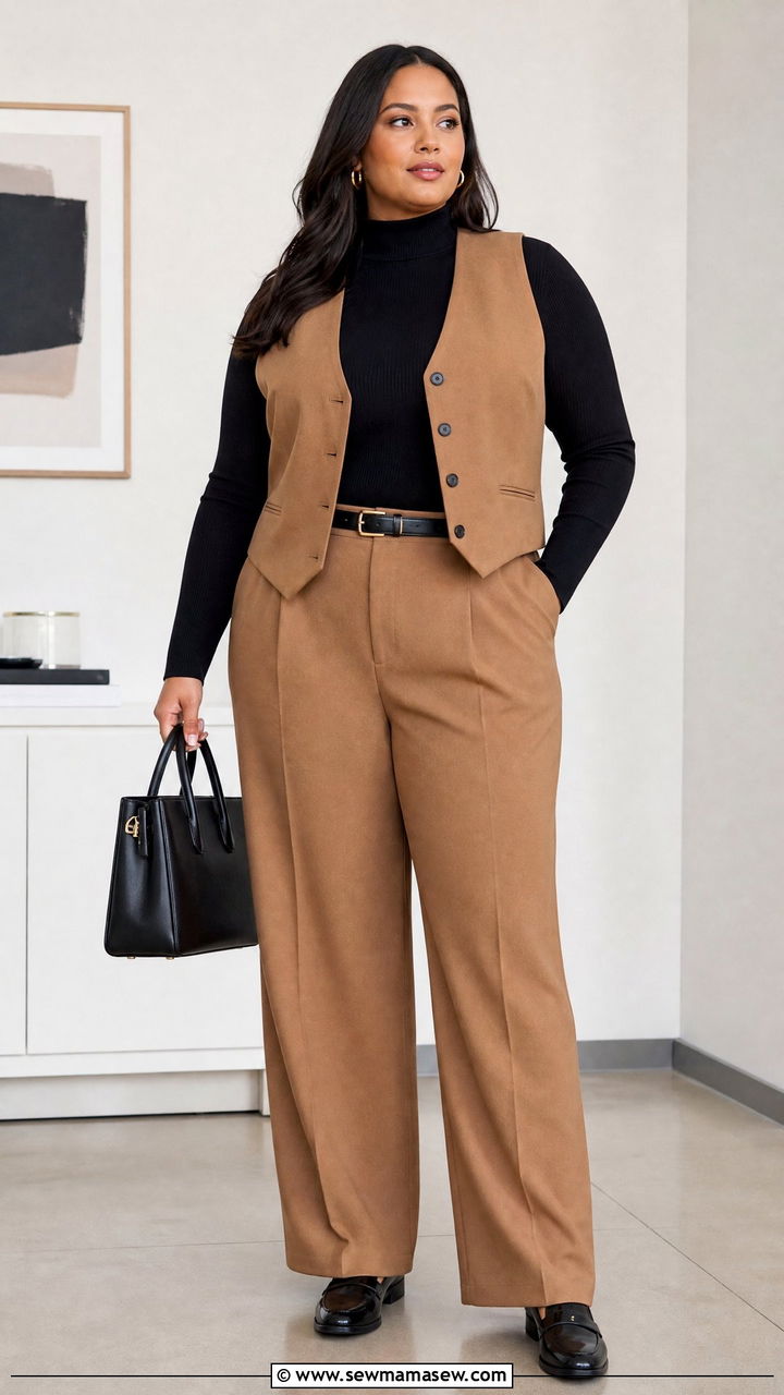 Mock Neck Top With Tailored Vest And Pants - 20 plus size mock neck top outfit ideas