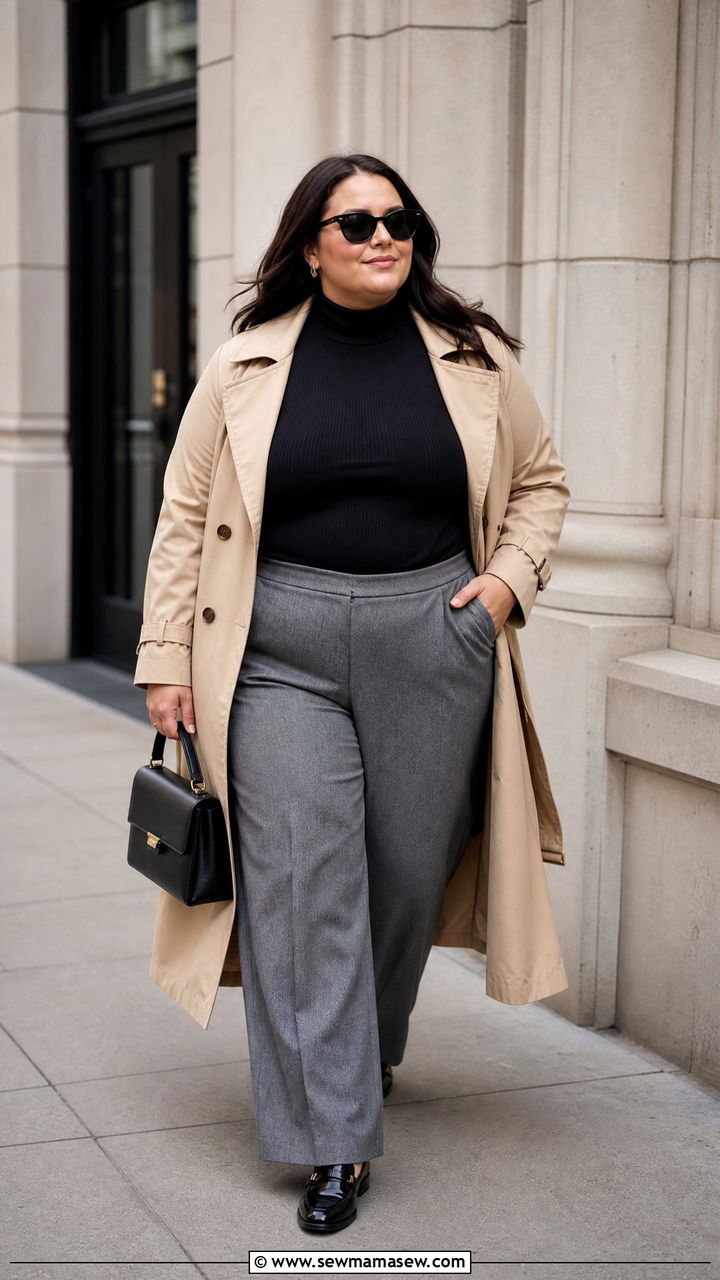 Mock Neck Top With Trench Coat And Trousers - 20 plus size mock neck top outfit ideas