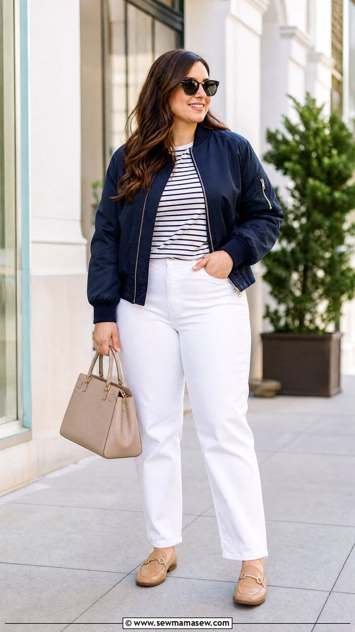 Navy Bomber Jacket With White Jeans - 20 plus size bomber jacket outfit ideas