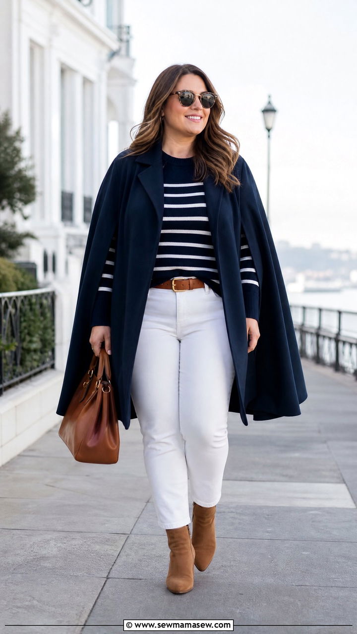 Navy Cape Coat With White Jeans - 20 plus size cape coat outfit ideas