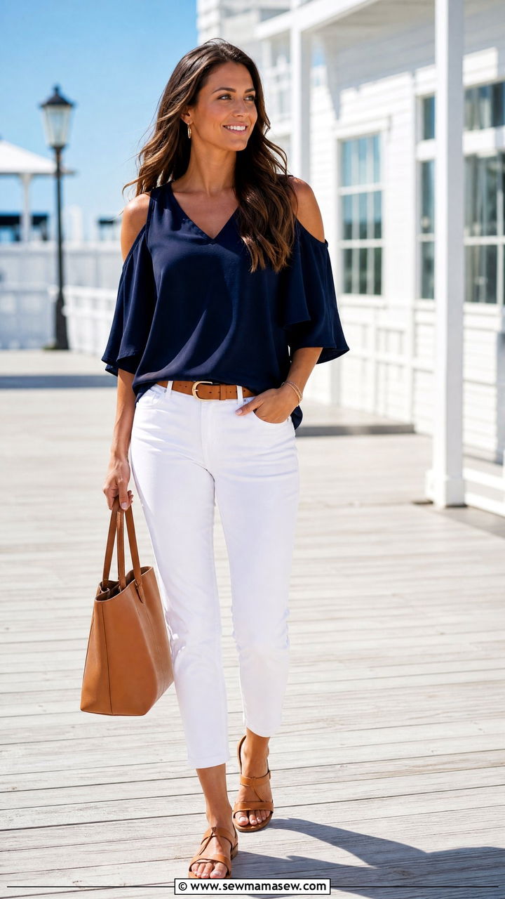 Navy Cold Shoulder Top With White Pants - 20 cold shoulder top outfit ideas