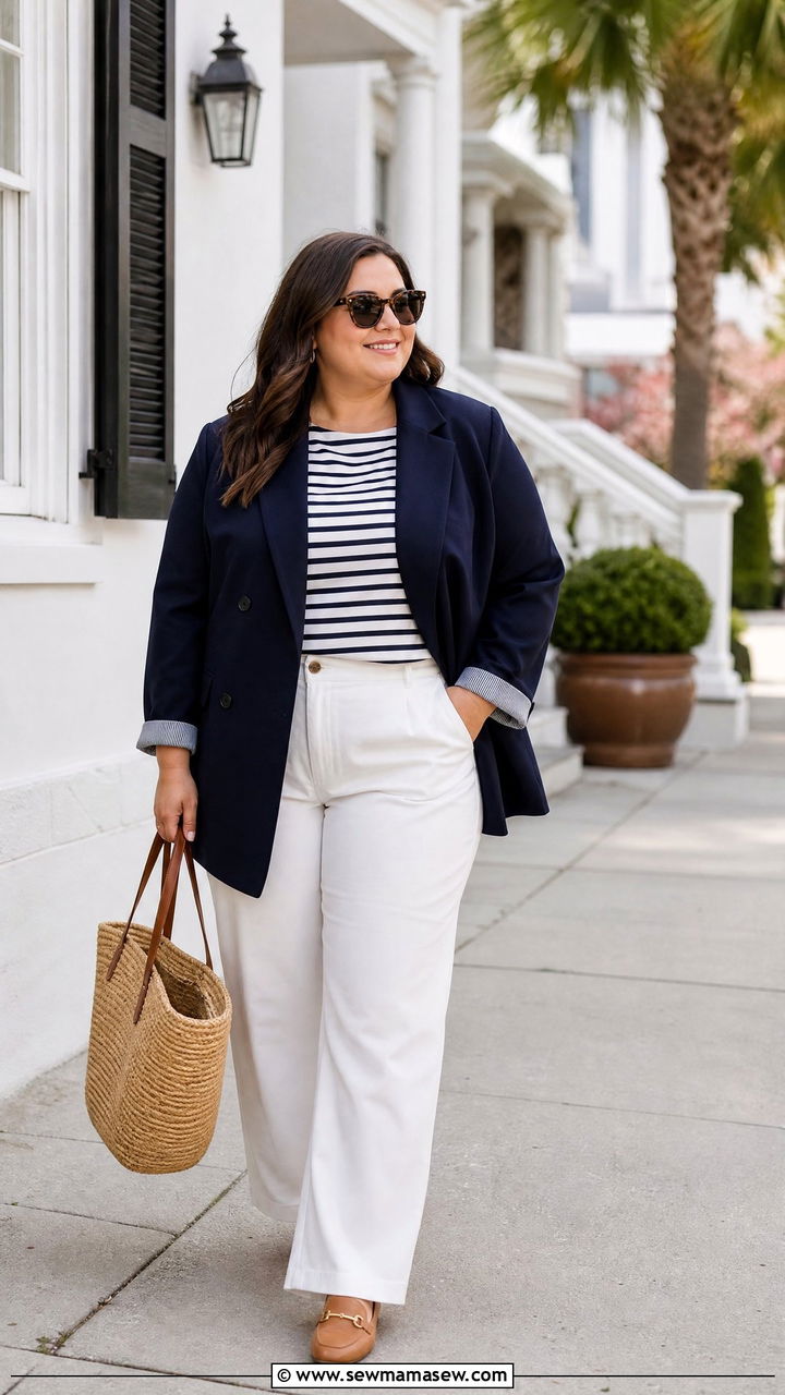 Navy Oversized Blazer With White Pants - 20 plus size oversized blazer outfit ideas