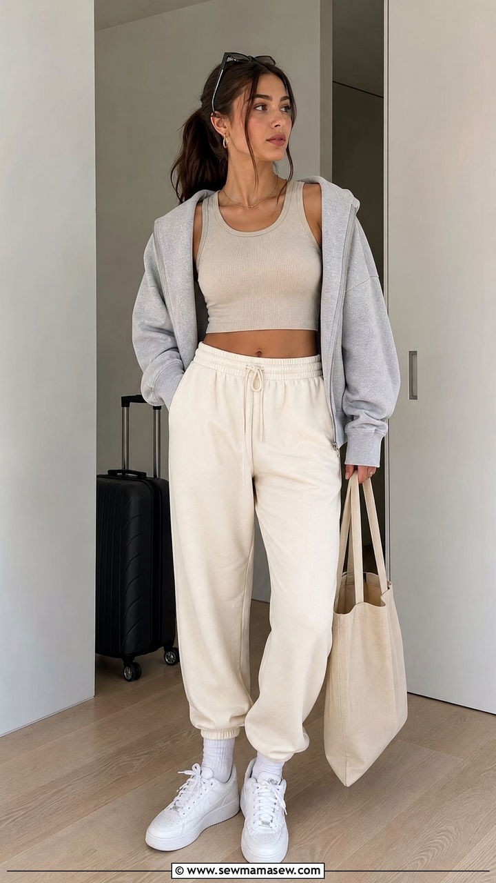 Oatmeal Crop Top With Relaxed Joggers - 20 neutral crop top outfit ideas