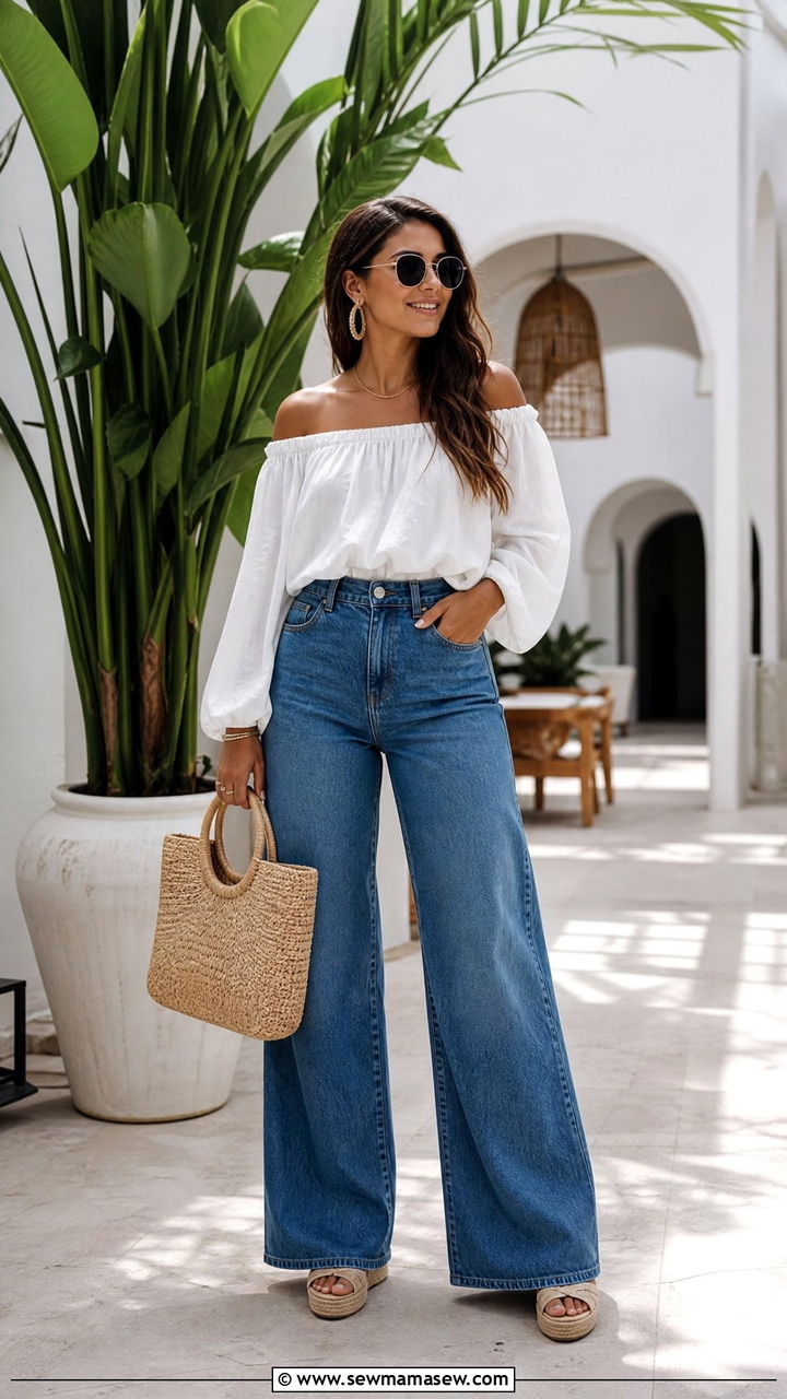 Off Shoulder Blouse Outfit With Wide Leg Jeans - 20 blouse outfit ideas