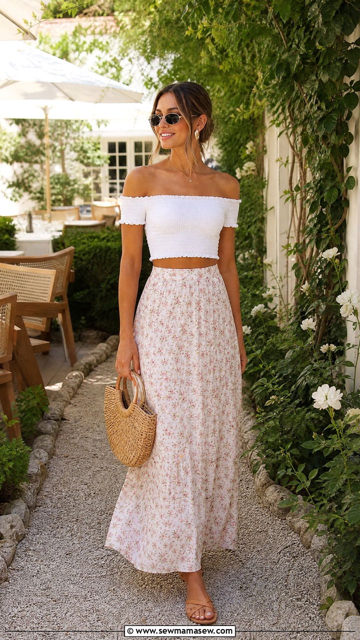 Off Shoulder Crop Top And Maxi Skirt Brunch Outfit - 20 summer crop top brunch outfit ideas