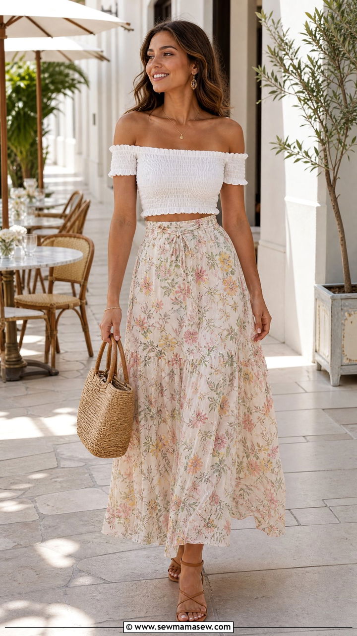 Off Shoulder Crop Top And Maxi Skirt Outfit - 20 summer crop top and maxi skirt outfit ideas