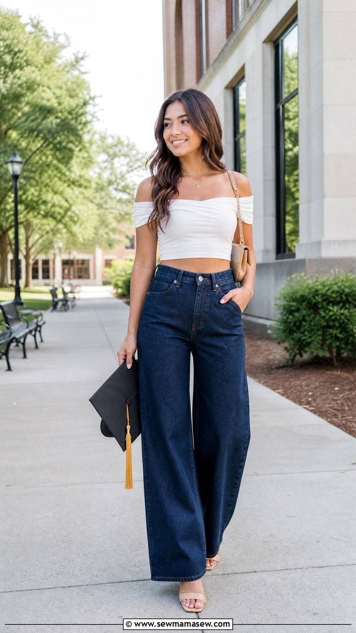Off Shoulder Crop Top And Wide Leg Jeans Graduation Outfit - 20 crop top outfit ideas for graduation