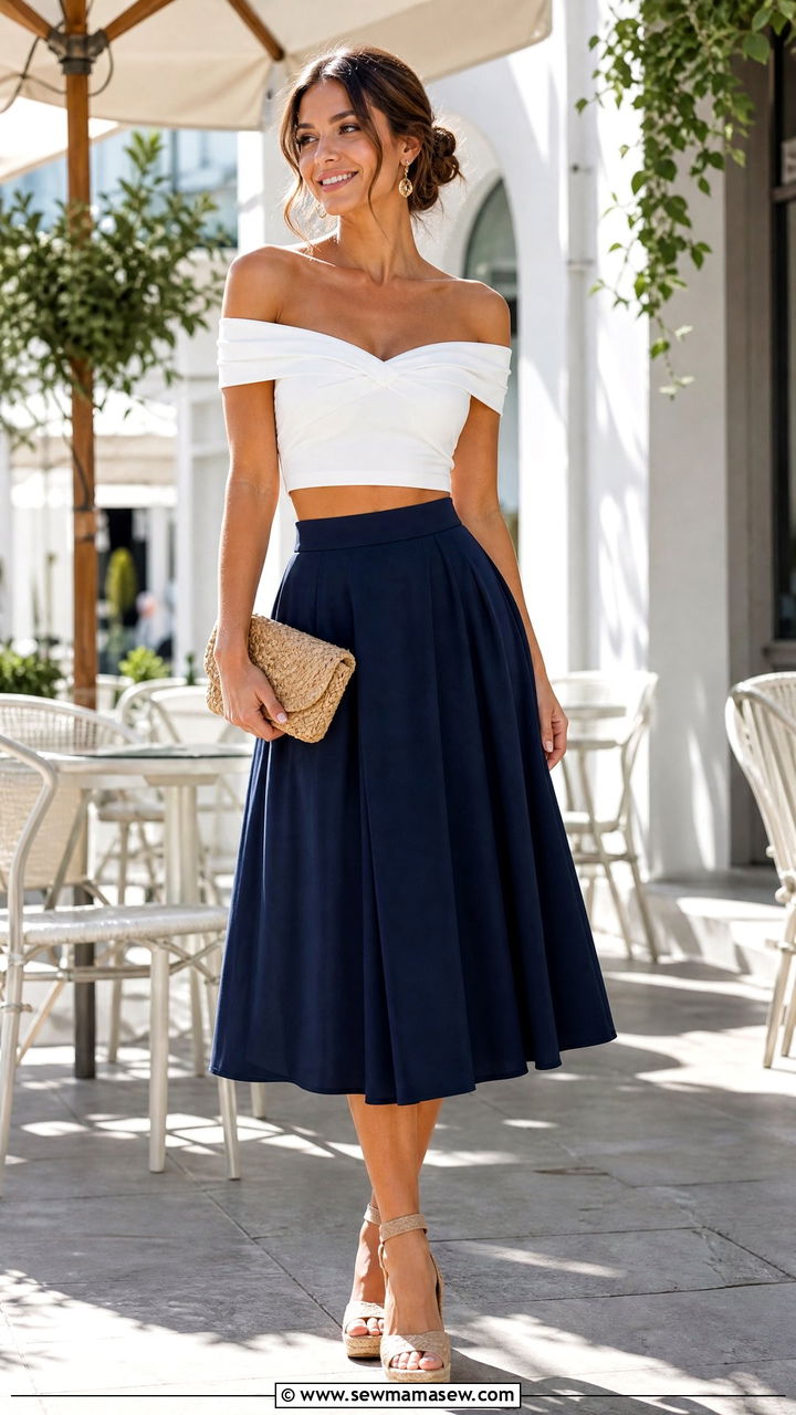 Off Shoulder Crop Top With A Line Midi Skirt - 20 crop top with midi skirt outfit ideas