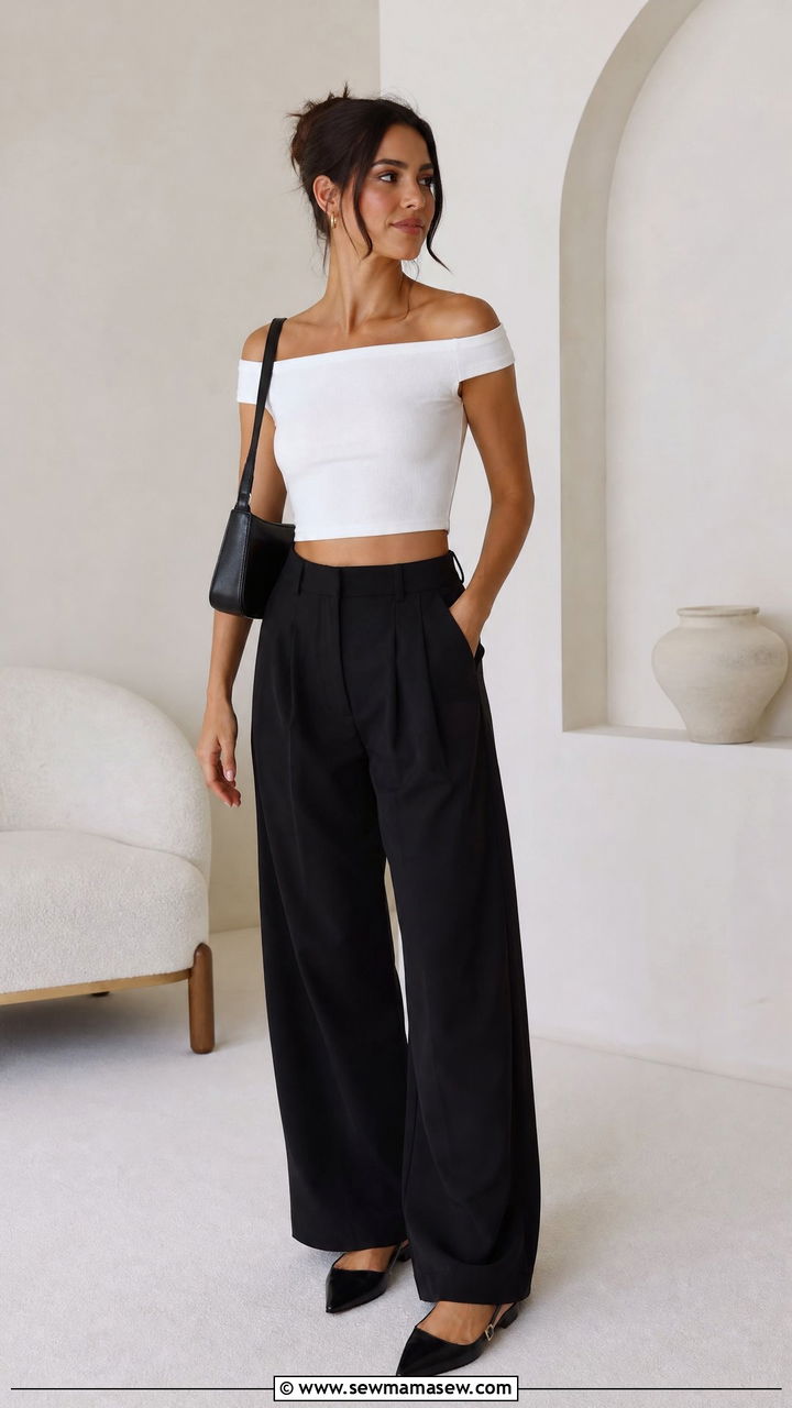 Off Shoulder Crop Top With Black Trousers - 20 crop top with black trousers outfit ideas