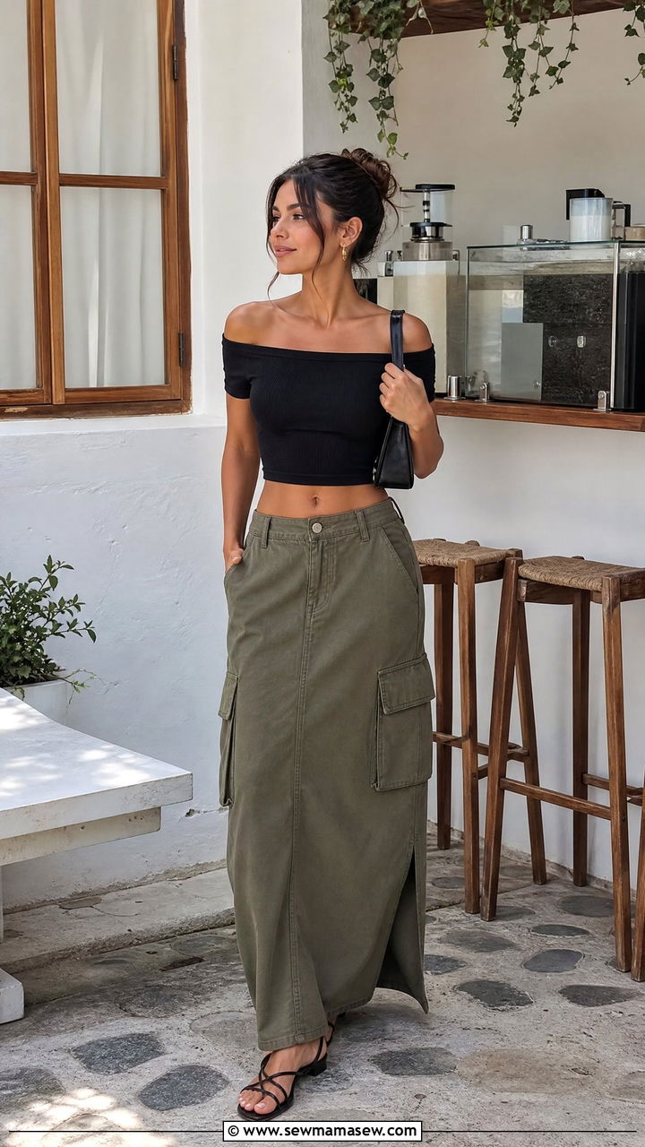Off Shoulder Crop Top With Cargo Maxi Skirt - 20 crop top with cargo maxi skirt outfit ideas