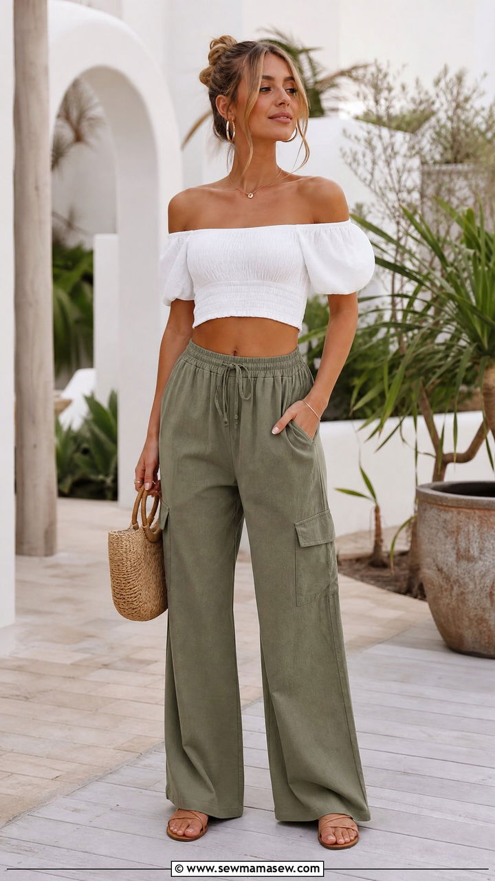 Off Shoulder Crop Top With Cargo Pants - 20 summer crop top outfit ideas with cargo pants