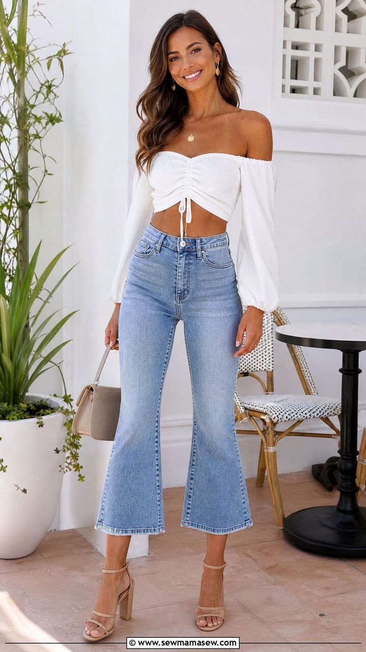 Off Shoulder Crop Top With Cropped Jeans - 20 crop top with cropped jeans outfit ideas