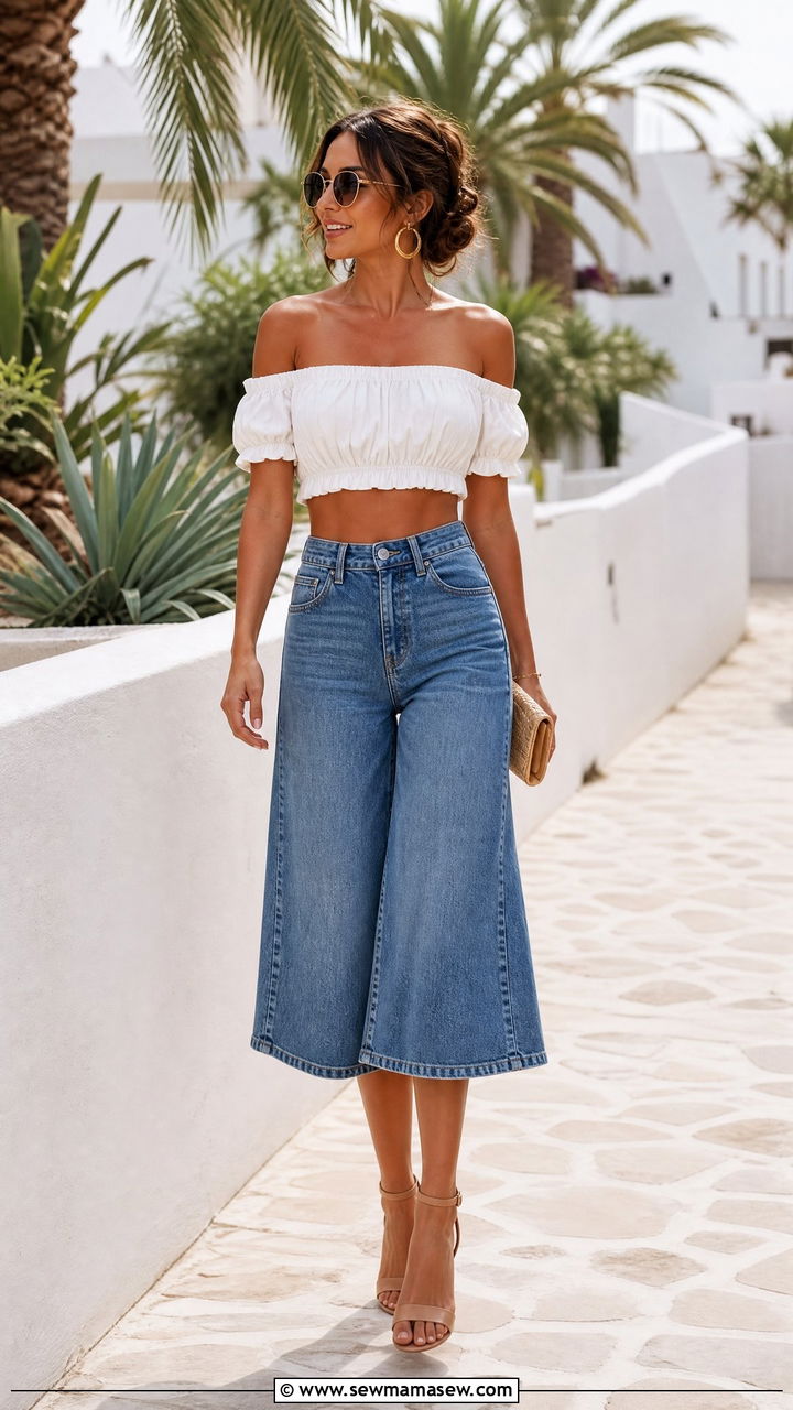 Off Shoulder Crop Top With Denim Culottes And Heeled Sandals - 20 crop top with denim culottes outfit ideas