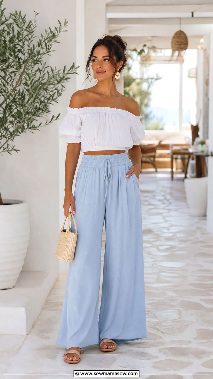 Off Shoulder Crop Top With Flowy Pants - 20 crop top with flowy pants outfit ideas