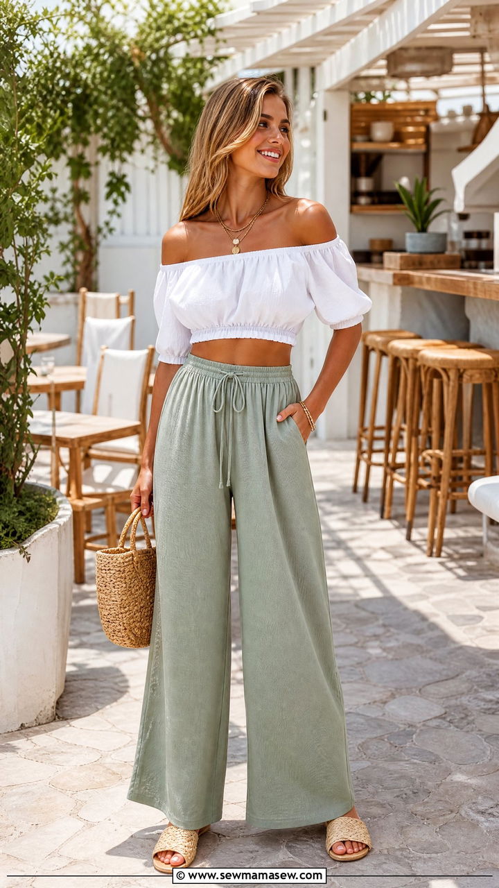 Off Shoulder Crop Top With Flowy Pants - 20 casual summer crop top outfit ideas