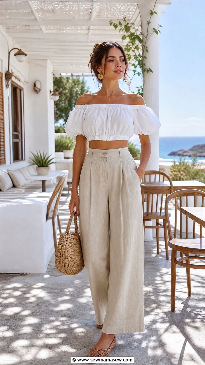 Off Shoulder Crop Top With Linen Trousers - 20 boho summer crop top outfit ideas