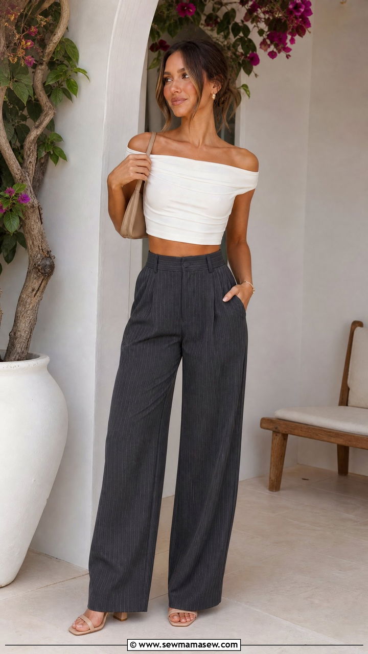 Off Shoulder Crop Top With Pinstripe Pants - 20 crop top with pinstripe pants outfit ideas