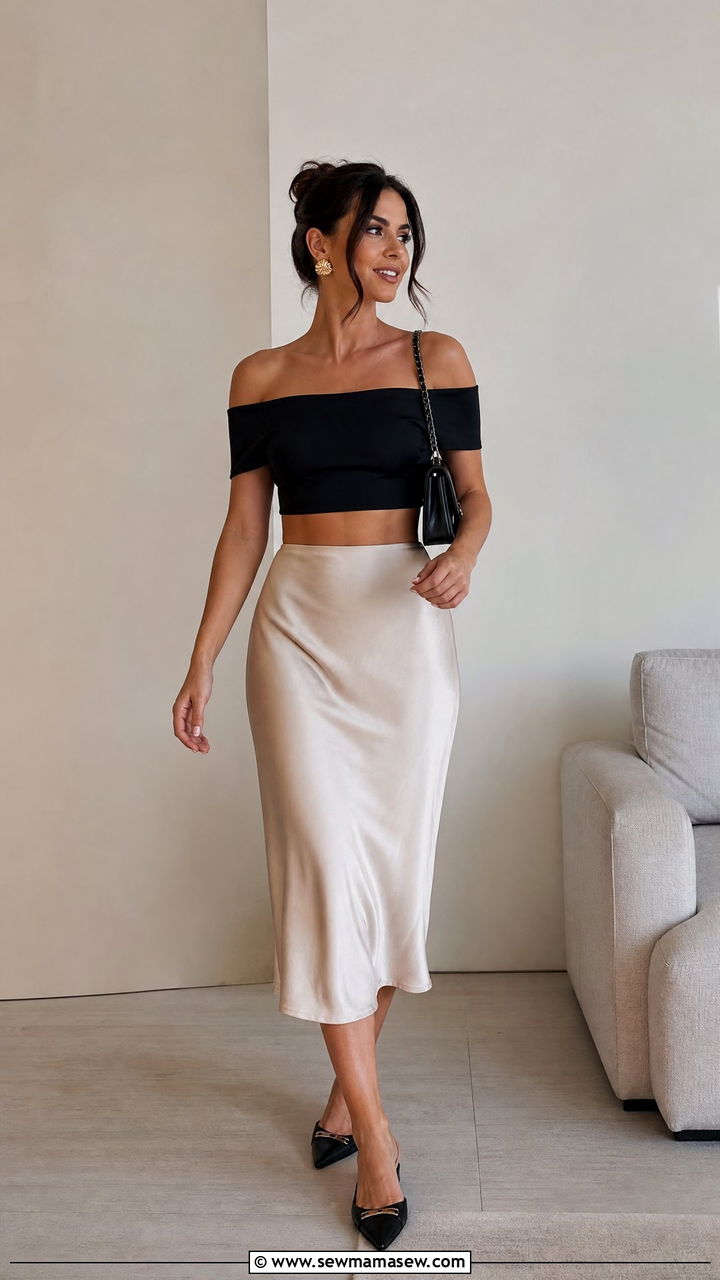Off Shoulder Crop Top With Satin Skirt Outfit - 20 crop top with satin skirt outfit ideas