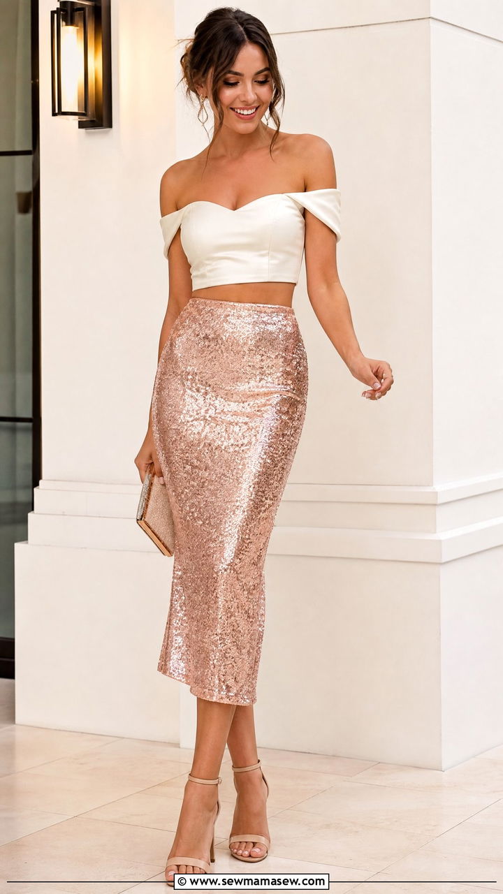 Off Shoulder Crop Top With Sequin Skirt - 20 crop top with sequin skirt outfit ideas