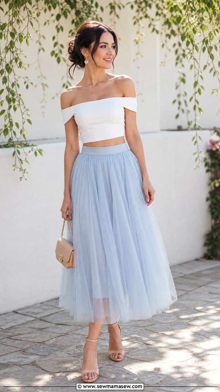 Off Shoulder Crop Top With Tulle Skirt Outfit - 20 crop top with tulle skirt outfit ideas