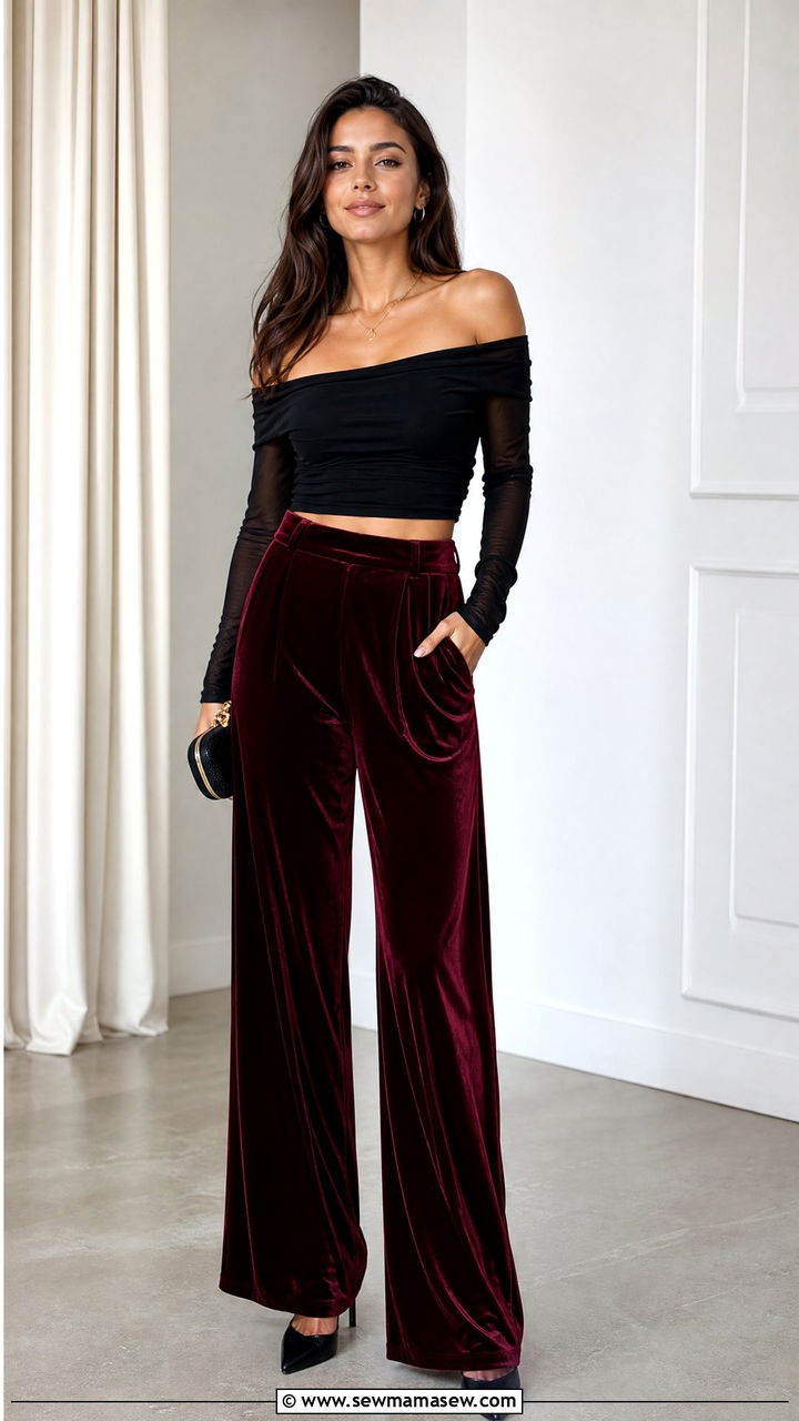 Off Shoulder Crop Top With Velvet Pants - 20 crop top with velvet pants outfit ideas