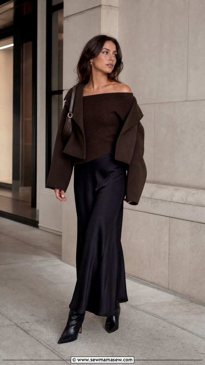 Off Shoulder Knit Top With Maxi Skirt - 20 fall top outfit ideas