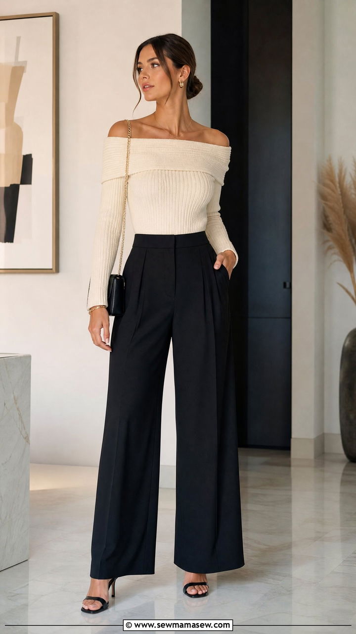 Off Shoulder Knit Top With Wide Leg Pants - 20 knit top outfit ideas