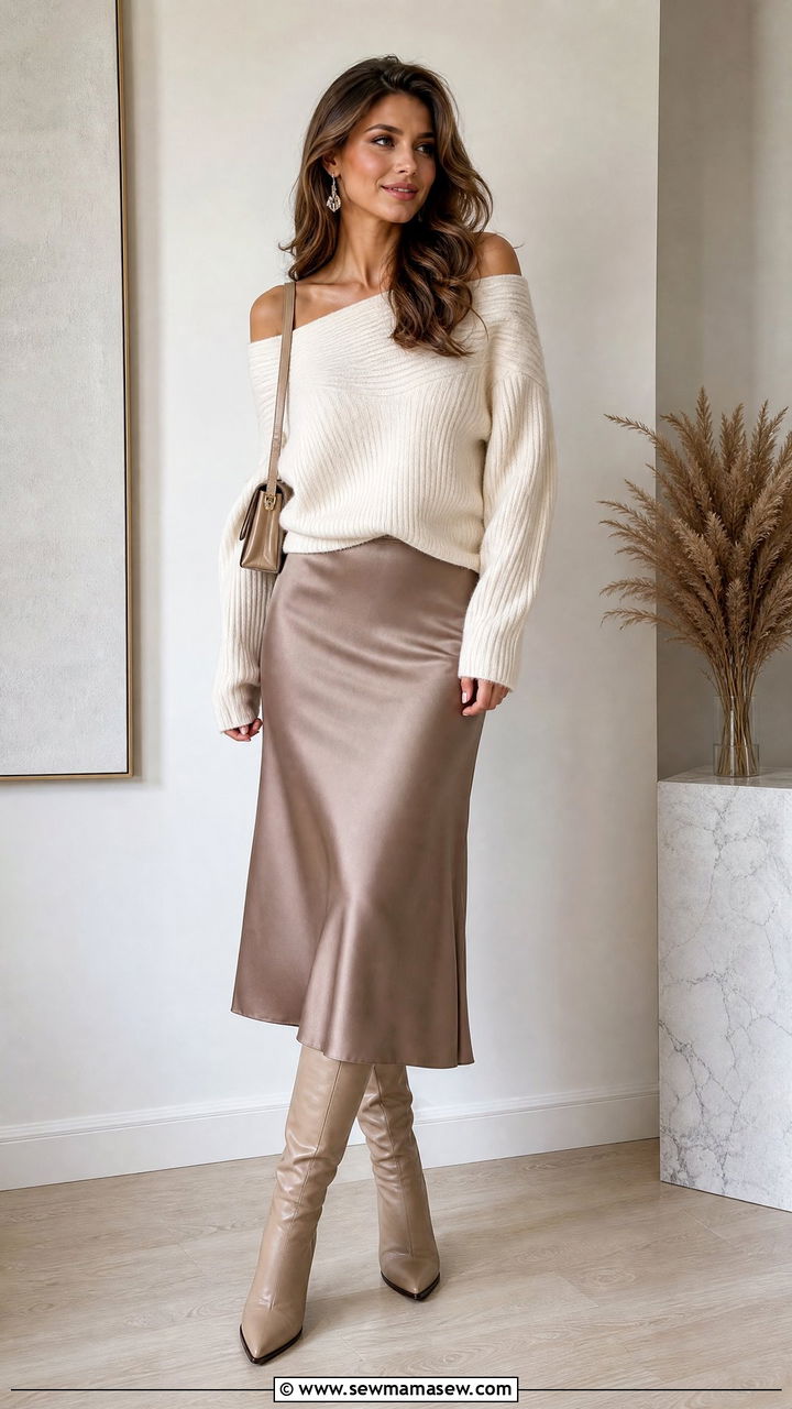 Off Shoulder Sweater With Midi Skirt - 20 cozy sweater outfit ideas
