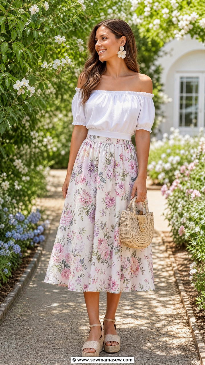 Off Shoulder Top With A Line Skirt Outfit - 20 feminine top outfit ideas