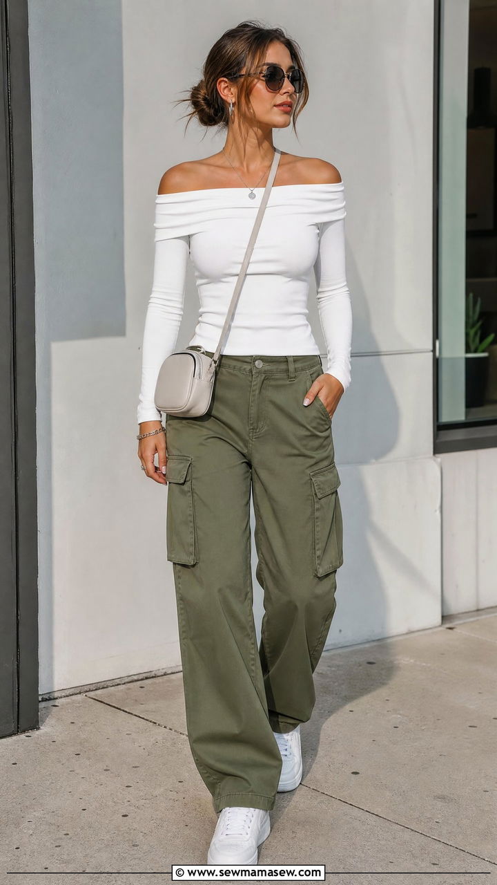 Off Shoulder Top With Cargo Pants - 20 off shoulder top outfit ideas