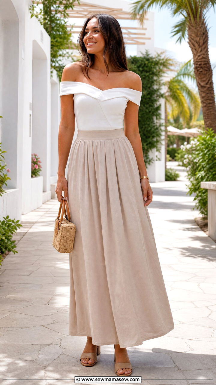 Off Shoulder Top With Maxi Skirt - 20 tops for big bust outfit ideas