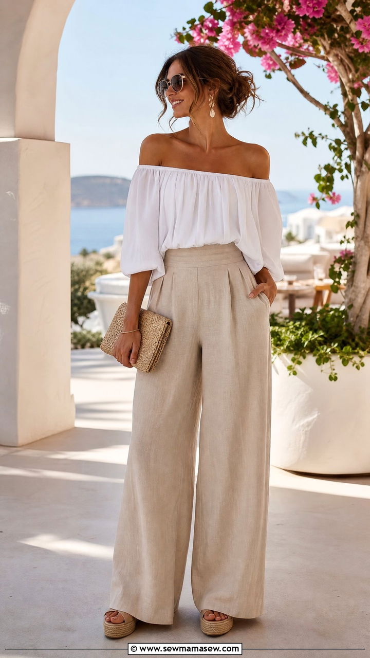Off Shoulder Top With Wide Leg Pants Outfit - 20 cute summer tops outfit ideas