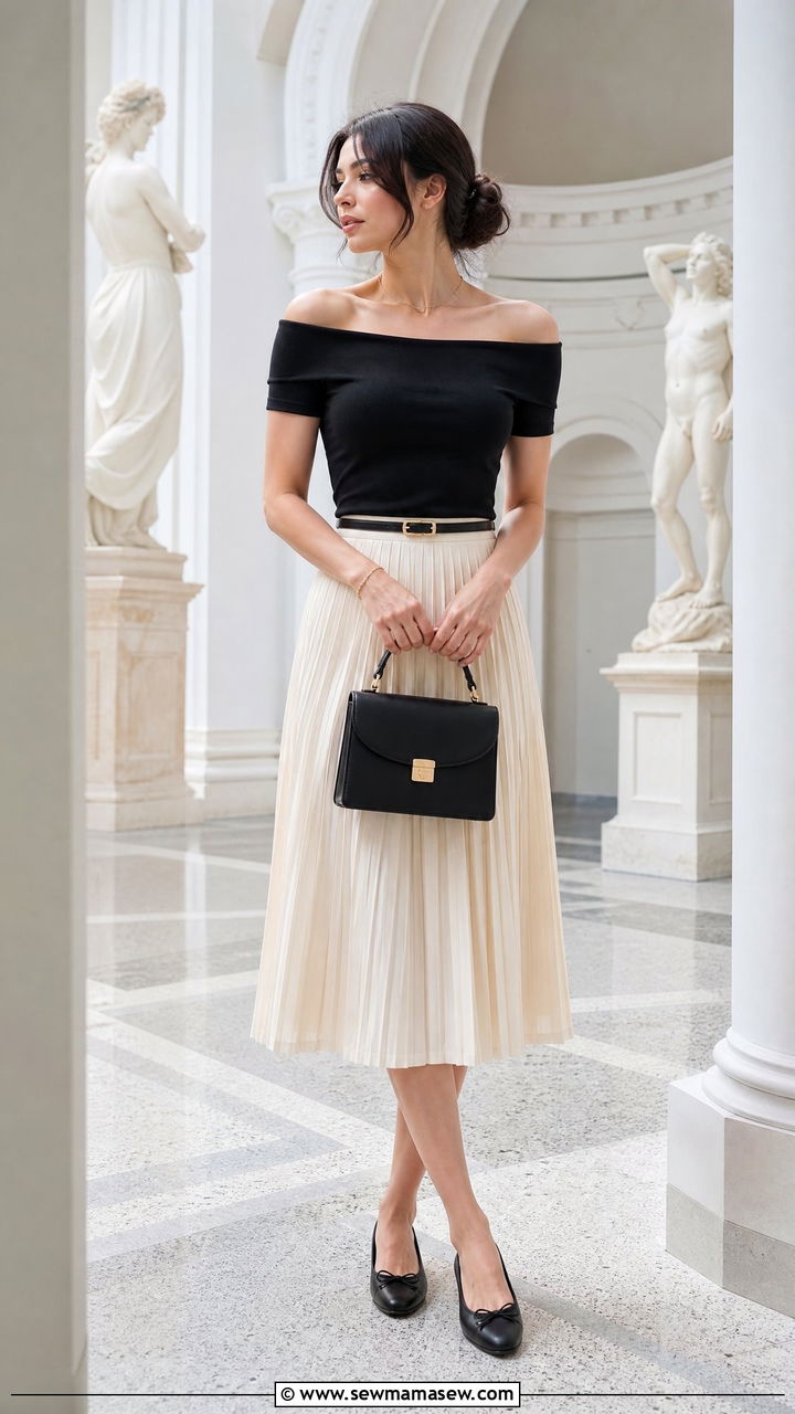 Off The Shoulder Top With A Pleated Skirt - 20 off the shoulder top outfit ideas