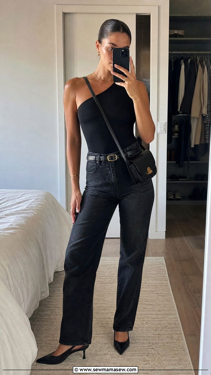 One Shoulder Bodysuit With High Waisted Jeans - 20 asymmetrical top outfit ideas