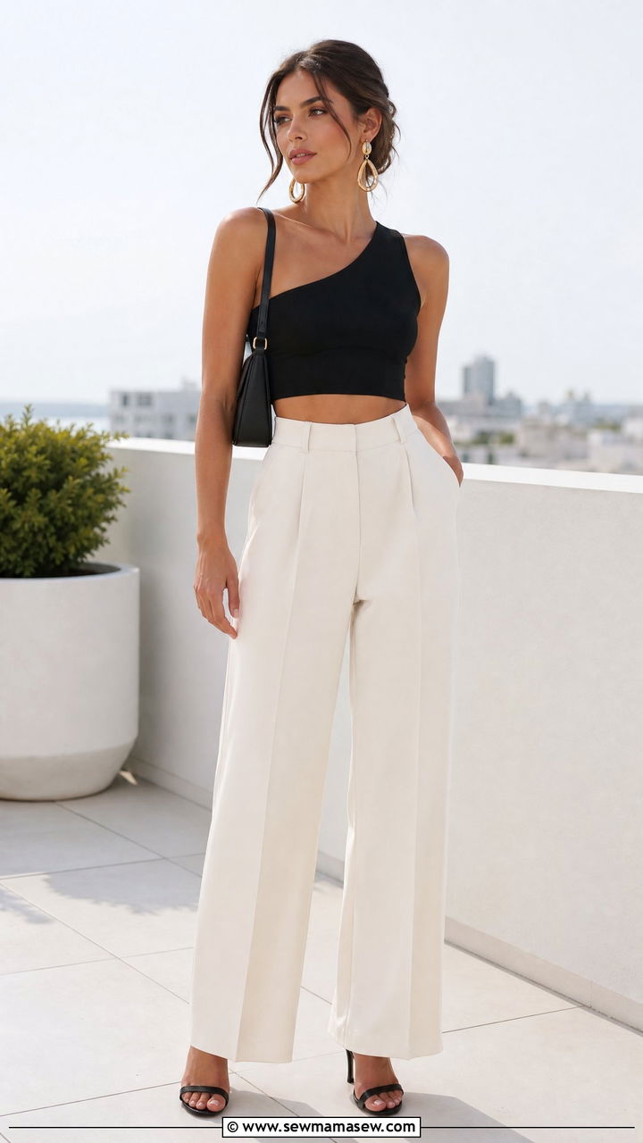 One Shoulder Crop Top And Wide Leg Pants Outfit - 20 crop top and wide leg pants outfit ideas