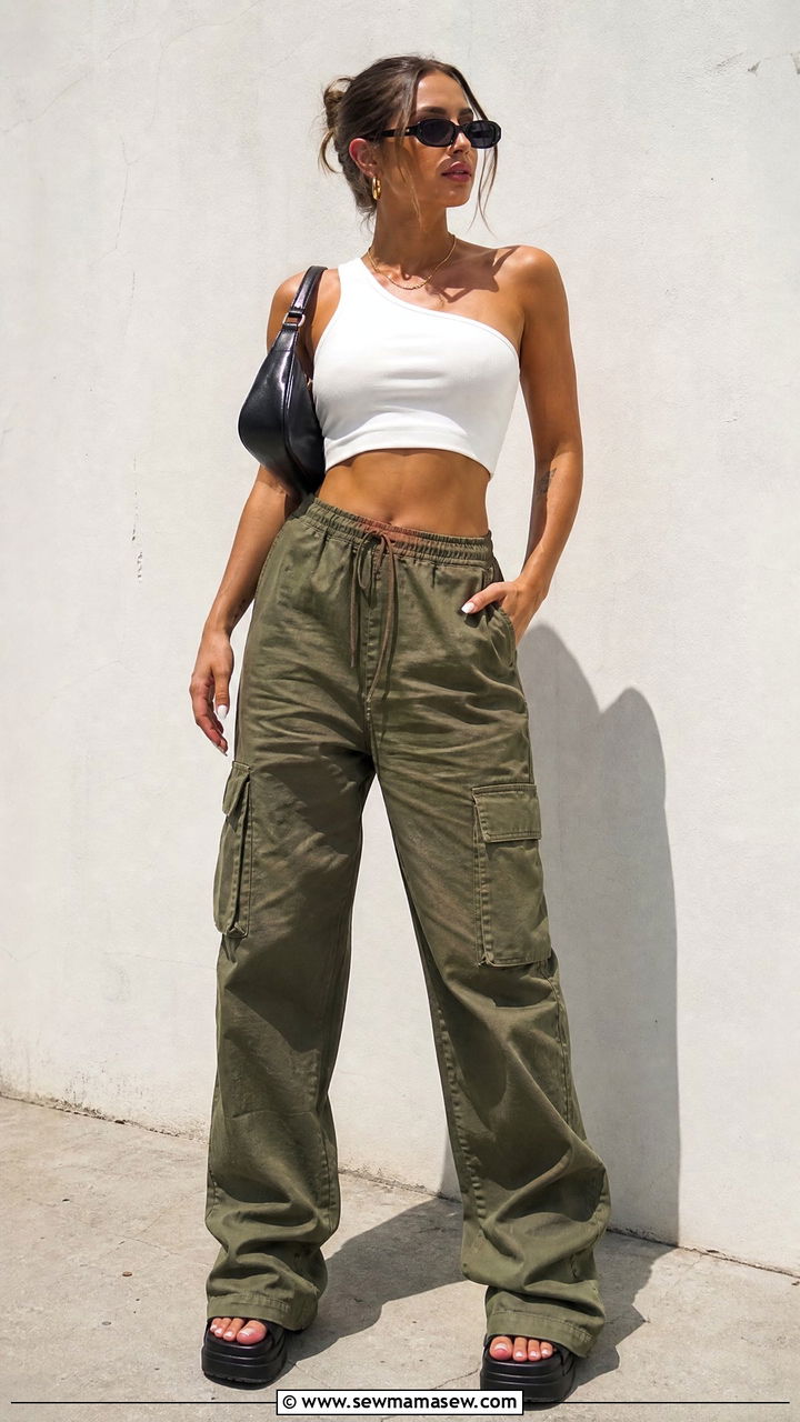 One Shoulder Crop Top With Baggy Cargo Pants - 20 crop top with baggy cargo pants outfit ideas