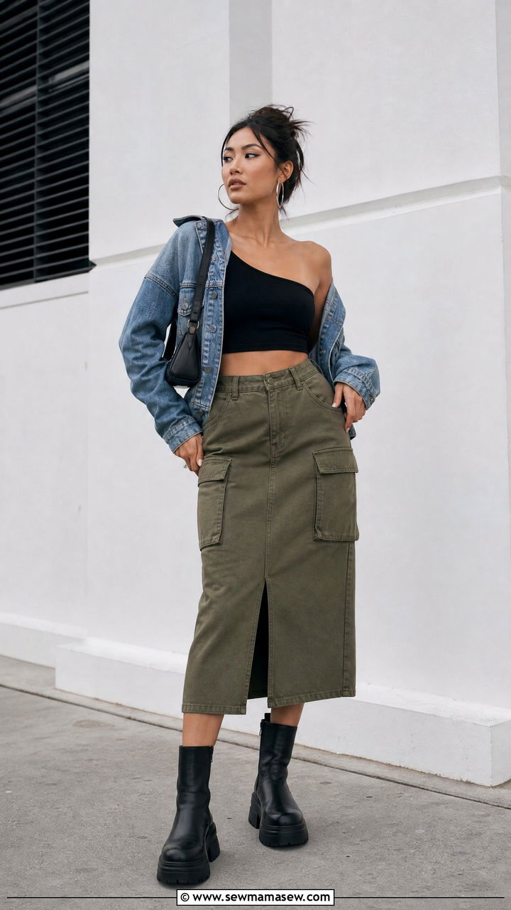 One Shoulder Crop Top With Cargo Skirt - 20 edgy crop top outfit ideas