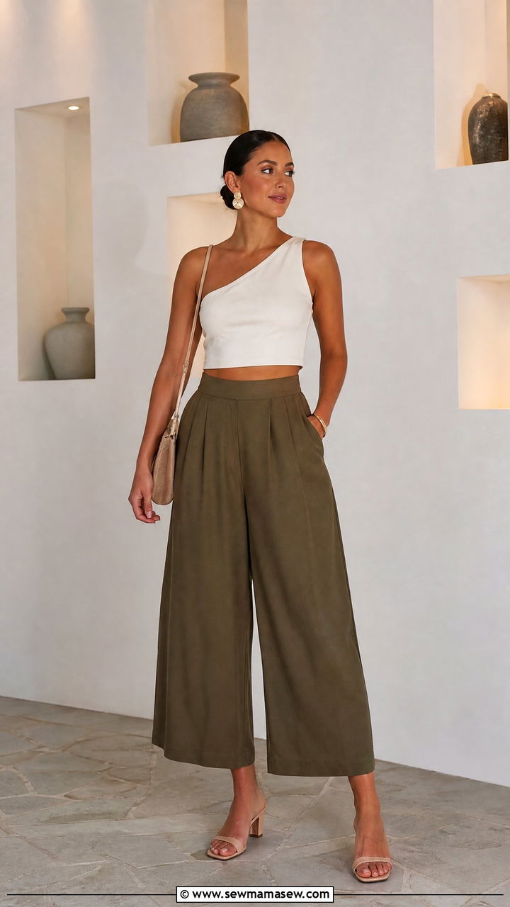 One Shoulder Crop Top With Culottes Outfit - 20 crop top with culottes outfit ideas